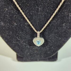 Lab Created Aquamarine & Diamond Elegant Silver Heart Pendant CHAIN NOT INCLUDED